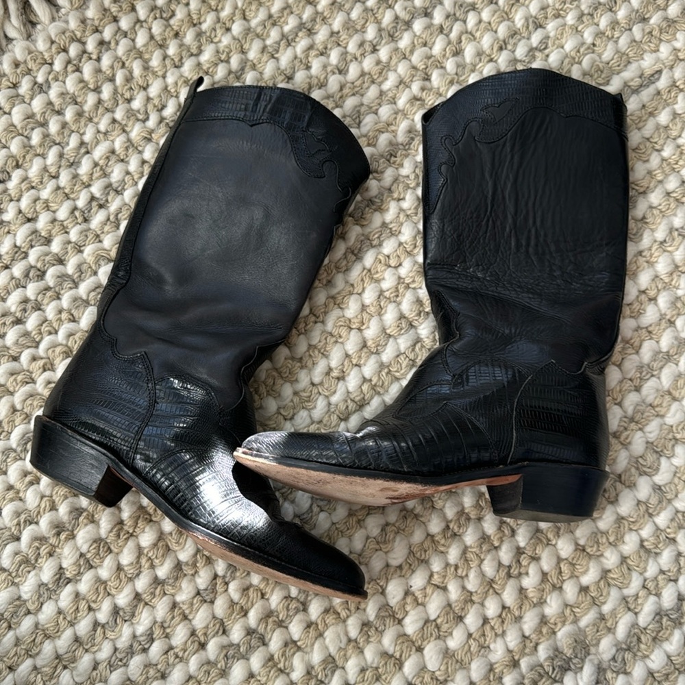 Joan and David black leather cowboy boots